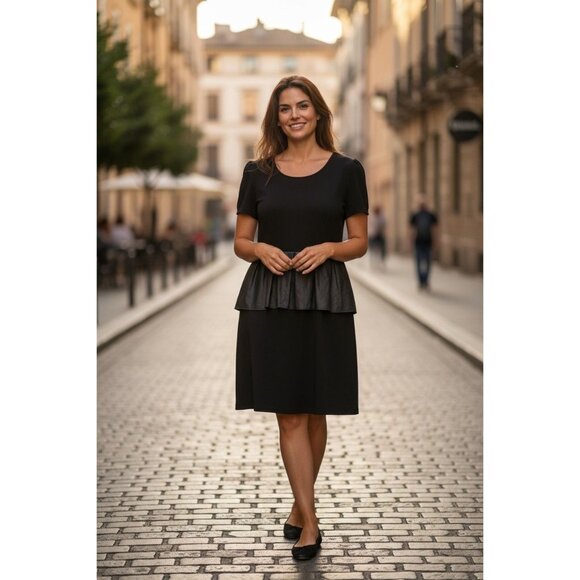 Black Ponte Knit Puff Sleeve Faux-Leather Peplum Dress Size 2X 18 20 Plus Sheath - Picture 8 of 8